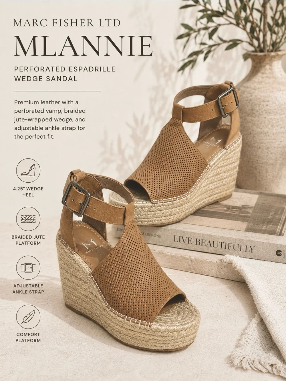 Marc Fisher Mlannie Perforated Leather Espadrille Wedge Sandals Brown Tan Size 7